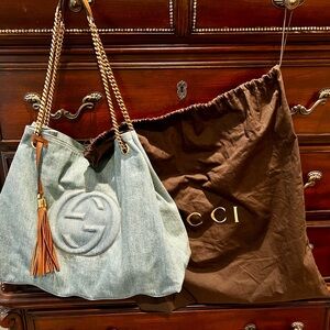 Gucci Denim Shoulder Bag with Gold Chain